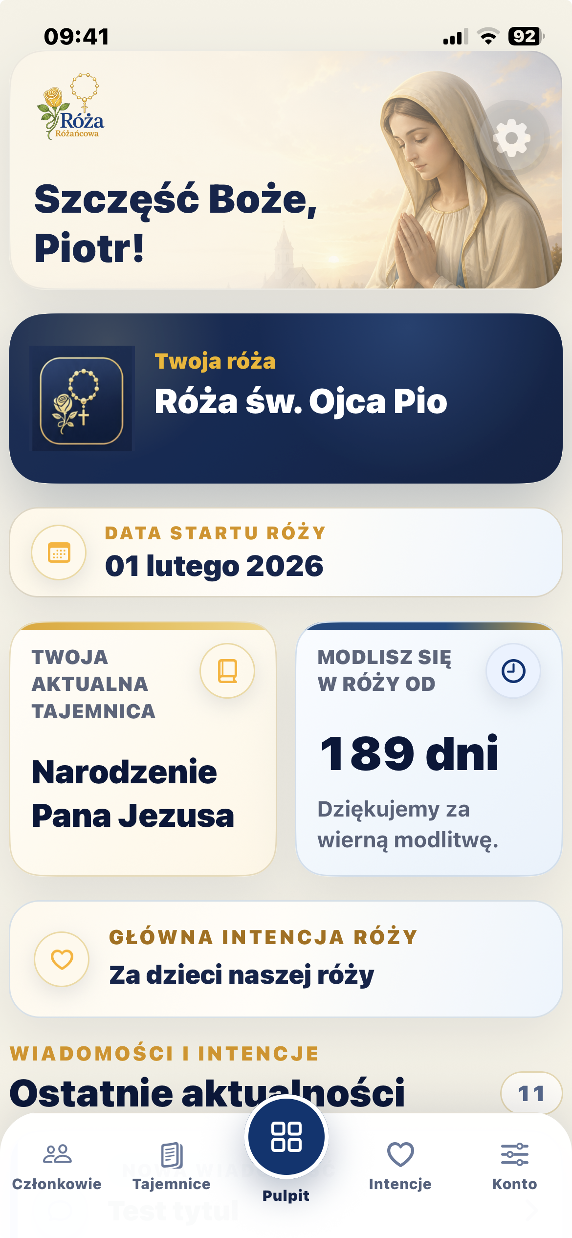 Pulpit aplikacji Róże Różańcowe z aktualną tajemnicą, datą rozpoczęcia Róży i intencją.